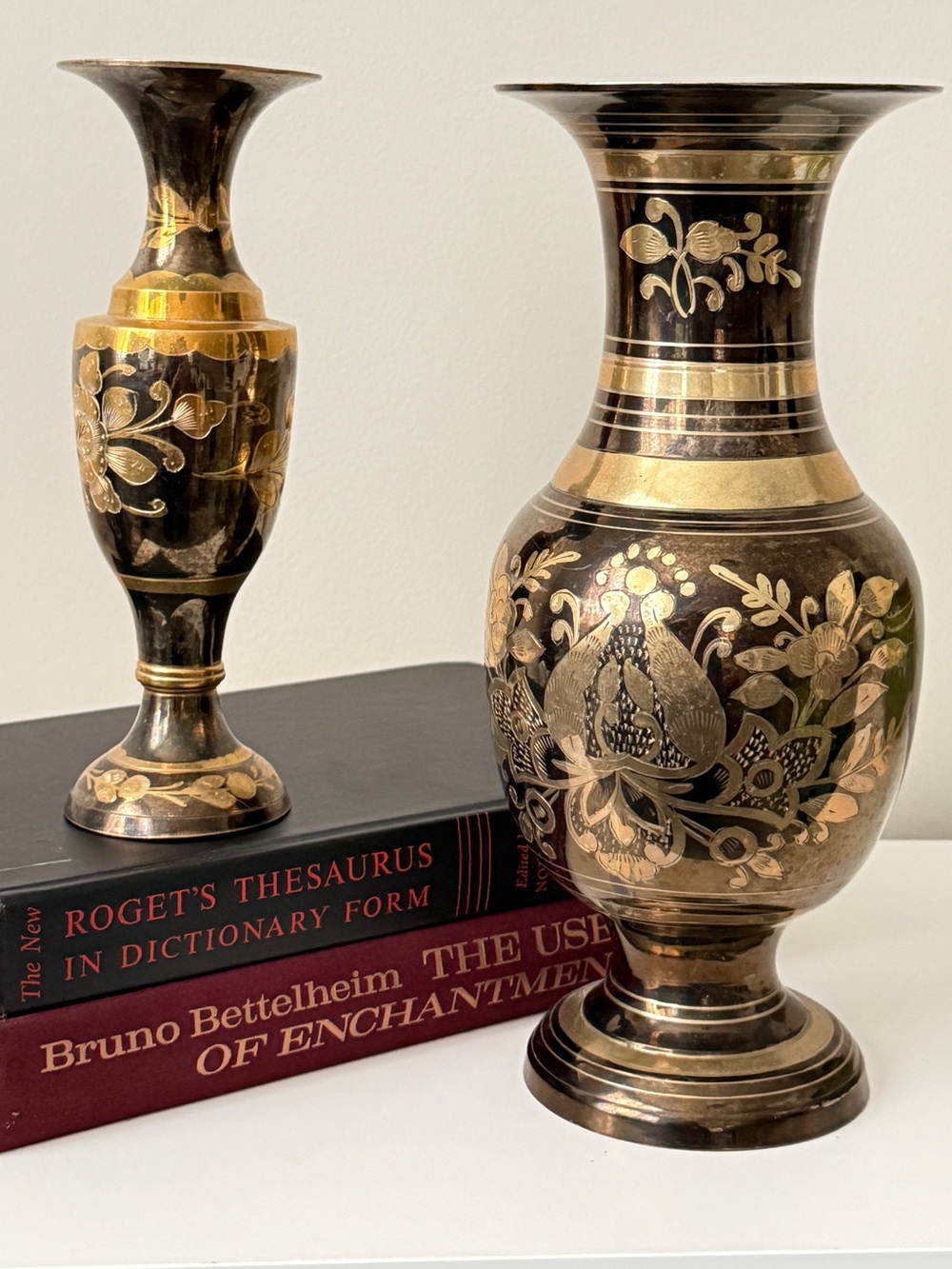 Brass and Black Floral Etched Vase set